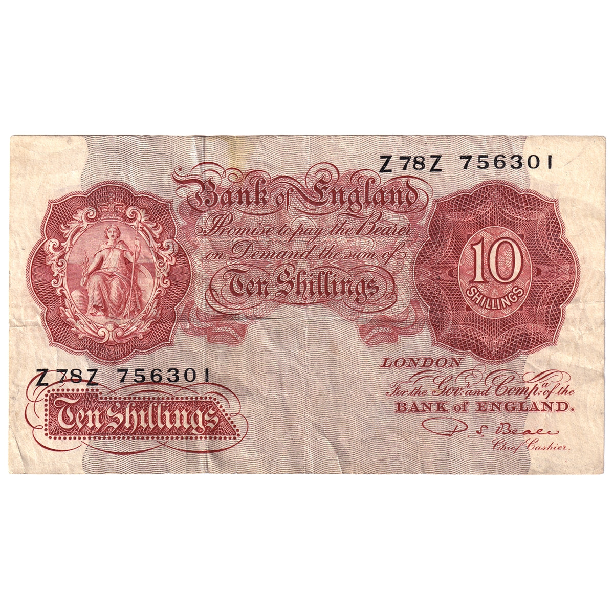 Great Britain 1950 10 Shilling Note, BE30b Z--Z, VF