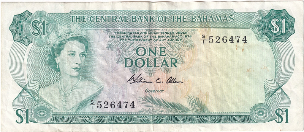 Bahamas 1974 1 Dollar Note, Pick #35b Allen, VF