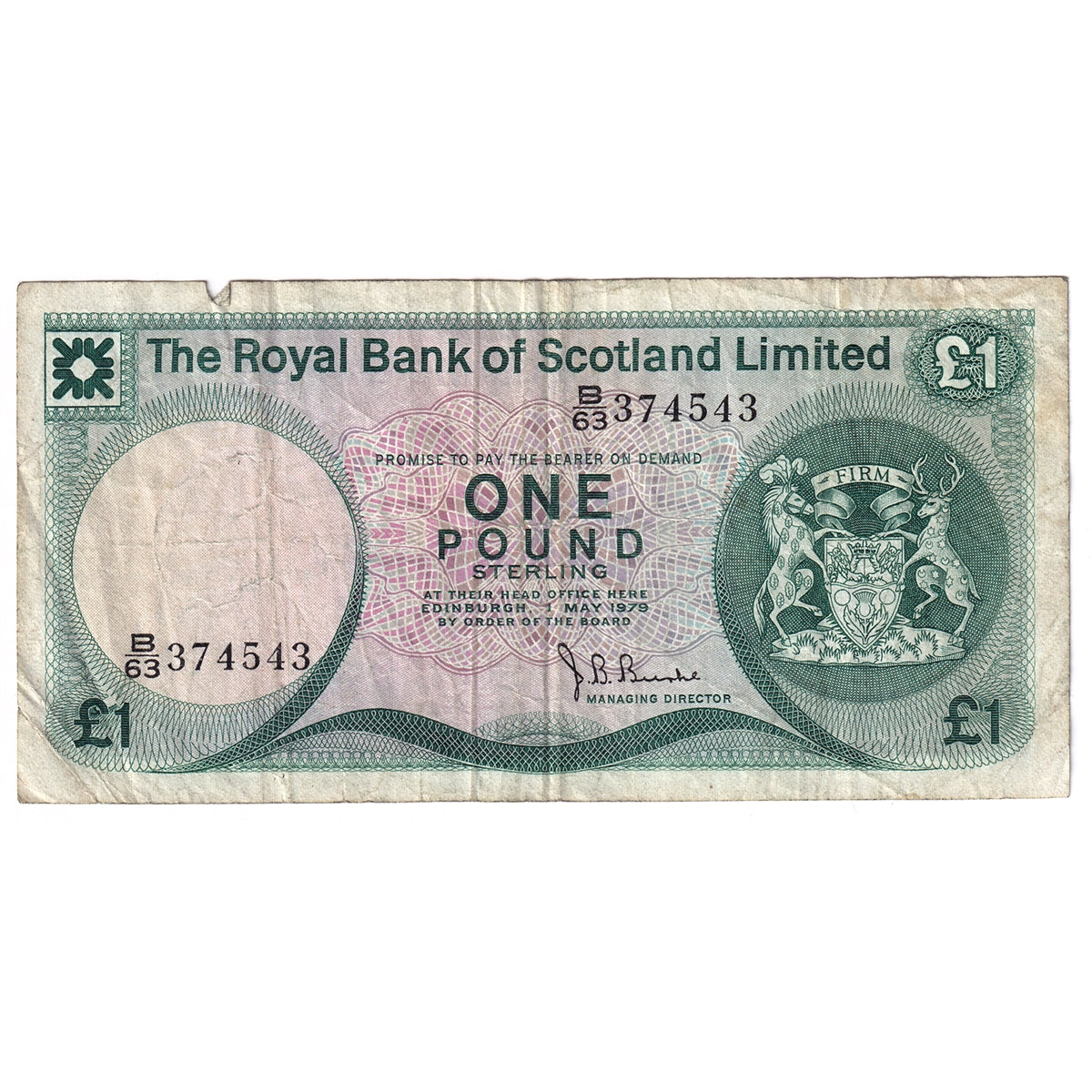 Scotland 1979 Royal Bank of Scotland 1 Pound Note, SC815, VF (tear)
