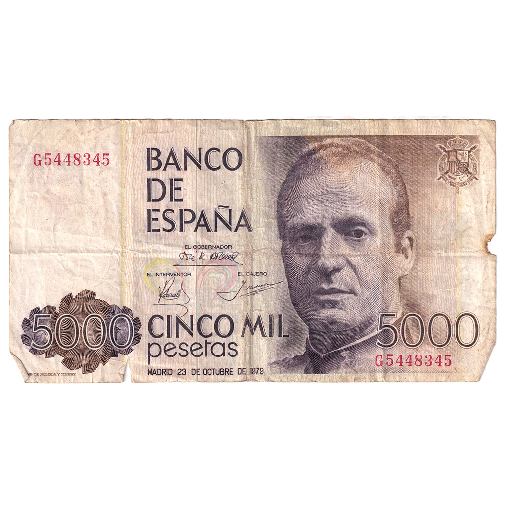 Spain 1979 5000 Peseta Note, Pick #160, Fine (damaged)