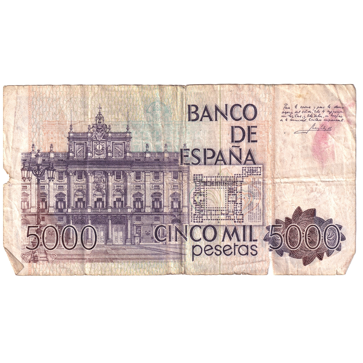 Spain 1979 5000 Peseta Note, Pick #160, Fine (damaged)
