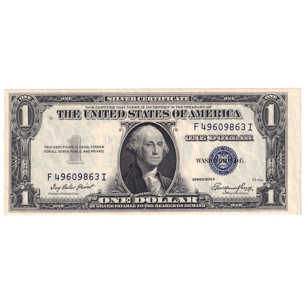 USA 1935E $1 Note, FR #1614, Priest-Humphrey, Silver Certificate, UNC