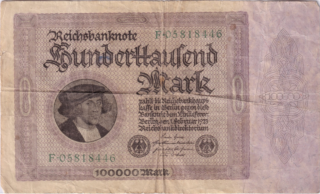Germany 1923 100,000 Mark Note, Pick #83a, F (damaged)