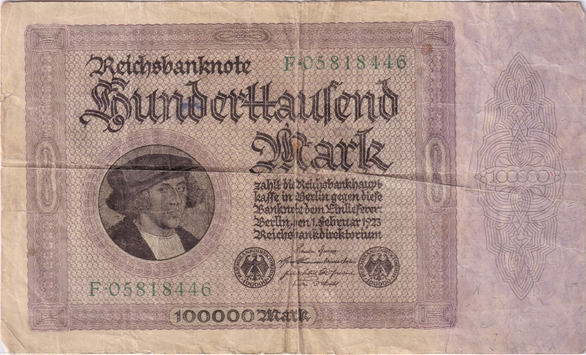 Germany 1923 100,000 Mark Note, Pick #83a, F (damaged)