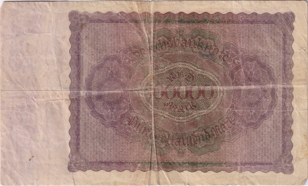 Germany 1923 100,000 Mark Note, Pick #83a, F (damaged)