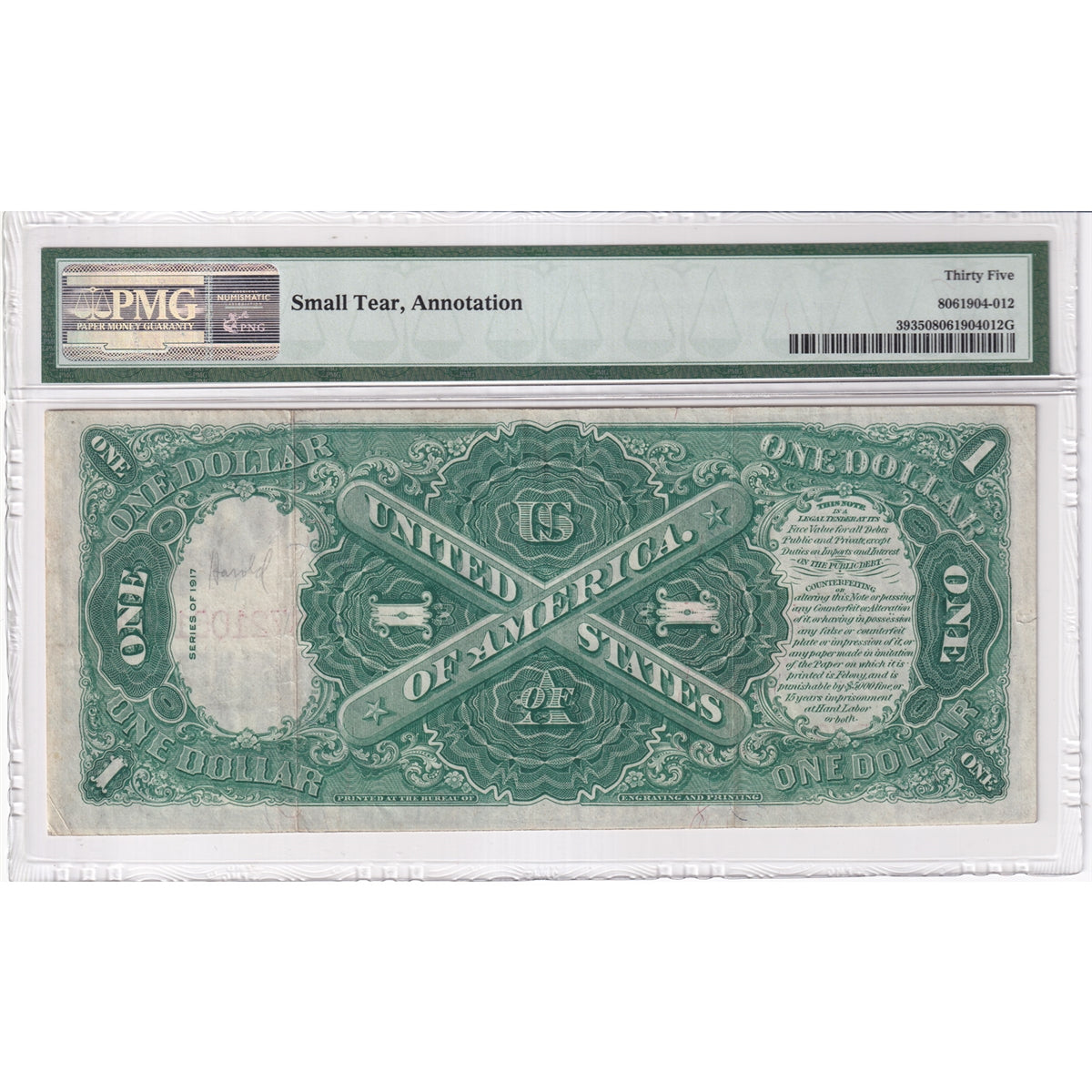United States Note FR #39 1917 Legal Tender $1 Speelman-White PMG Certified VF-35