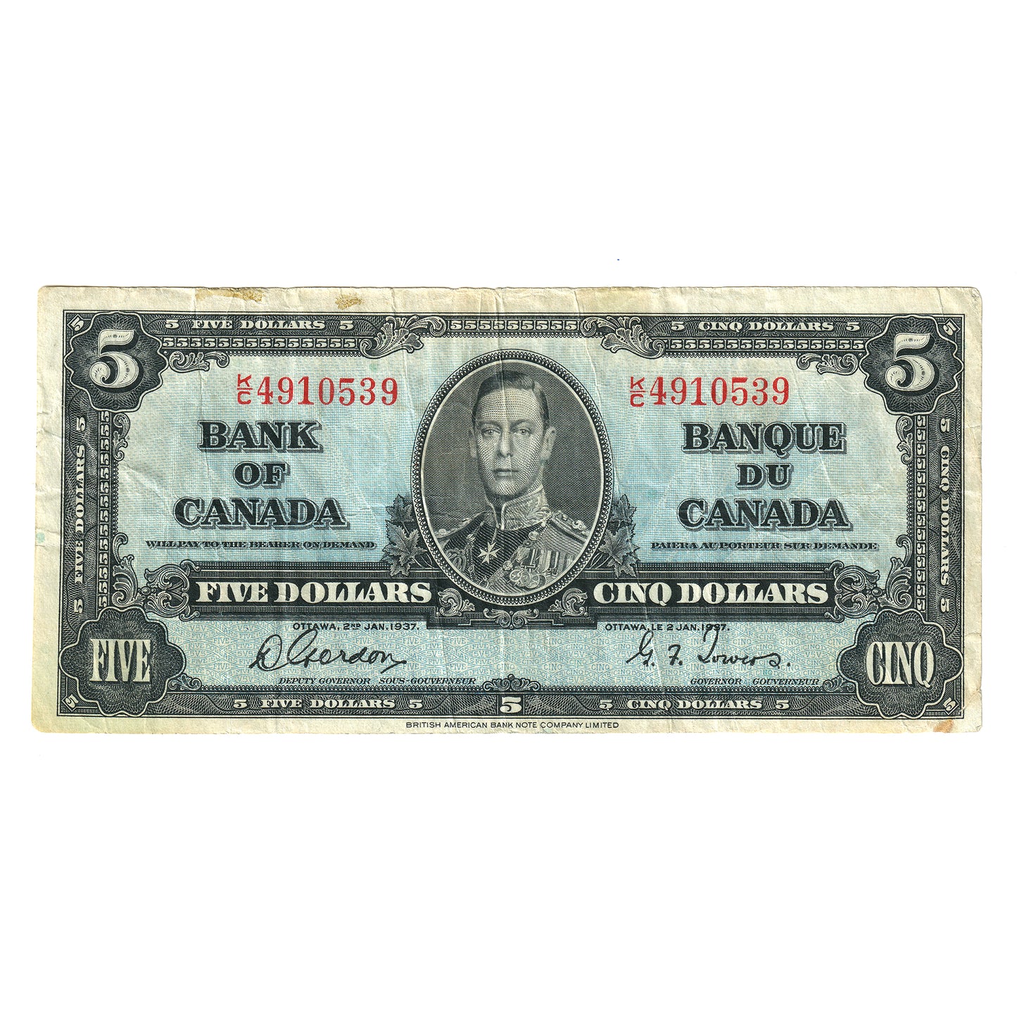 BC-23b 1937 Canada $5 Note, Gordon-Towers, Very Fine (VF20) Stain, tear, or impaired