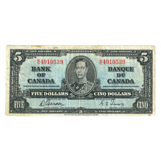 BC-23b 1937 Canada $5 Note, Gordon-Towers, Very Fine (VF20) Stain, tear, or impaired