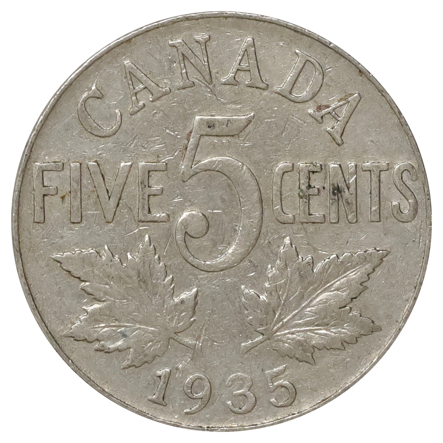 1935 Canada 5-cents F-VF (F15) Scratched, Cleaned or Impaired