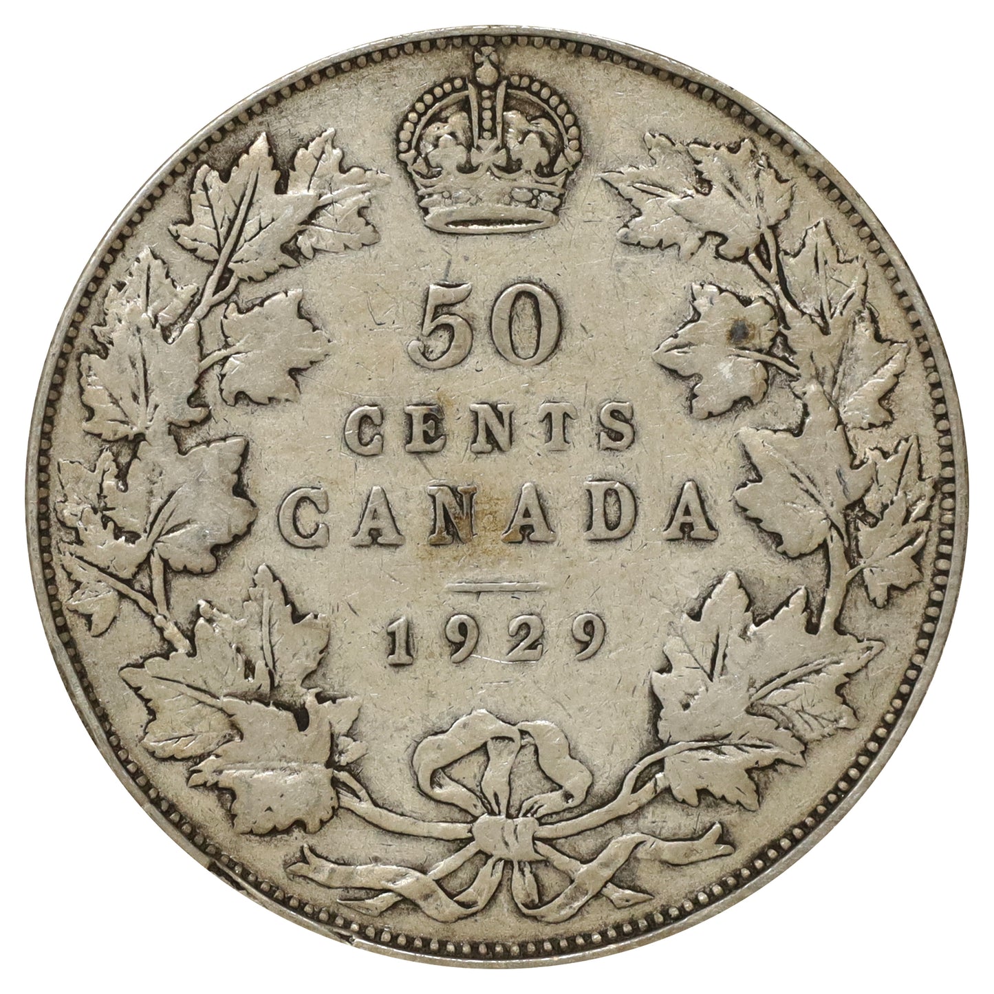 1929 Canada 50-cents VG-F (VG10) Scratched, cleaned, or impaired