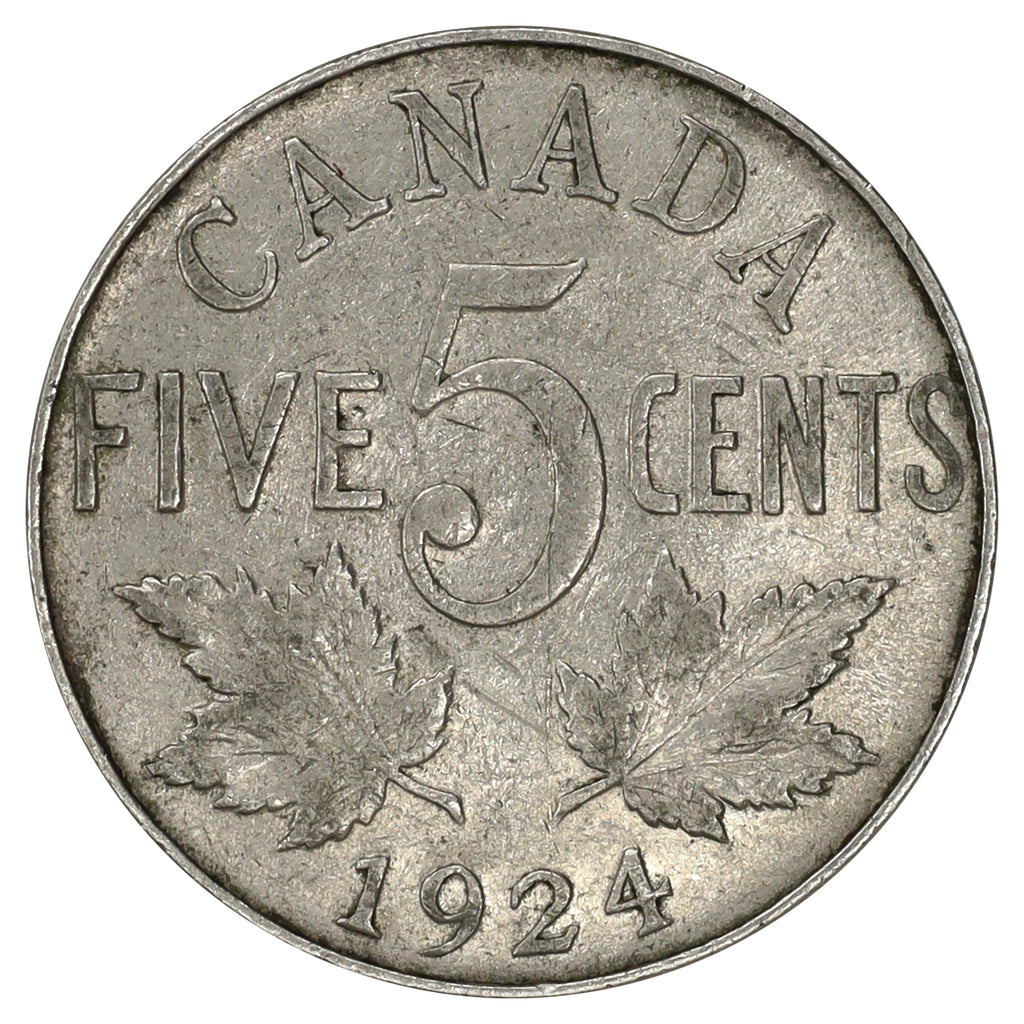 1924 Canada 5-cents F-VF (F15) Scratched, spots, or rim bump