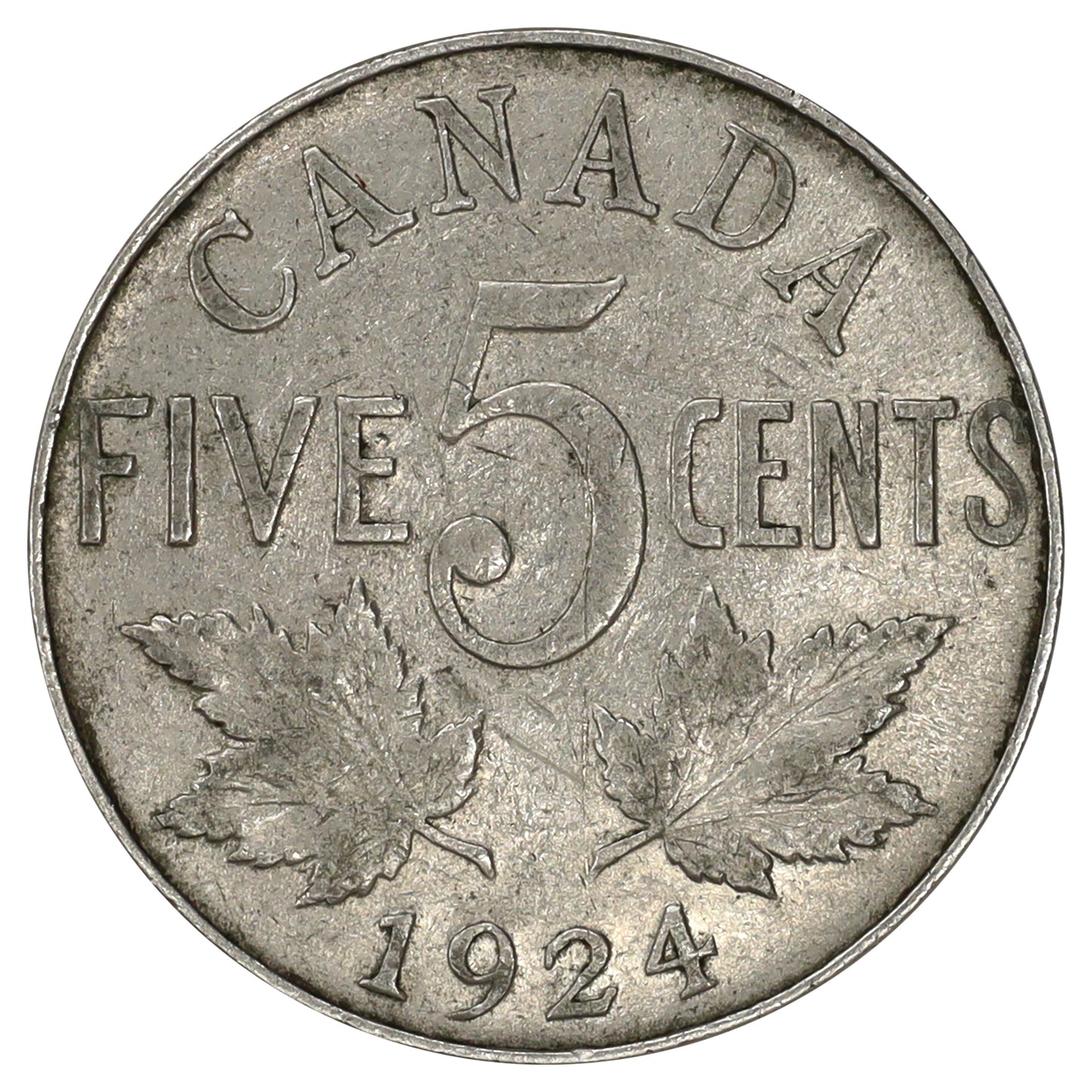 1924 Canada 5-cents F-VF (F15) Scratched, spots, or rim bump
