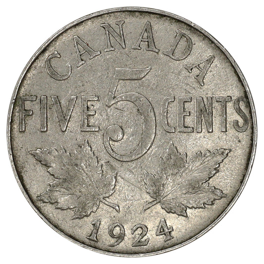 1924 Canada 5-cents F-VF (F15) Scratched, spots, or rim bump