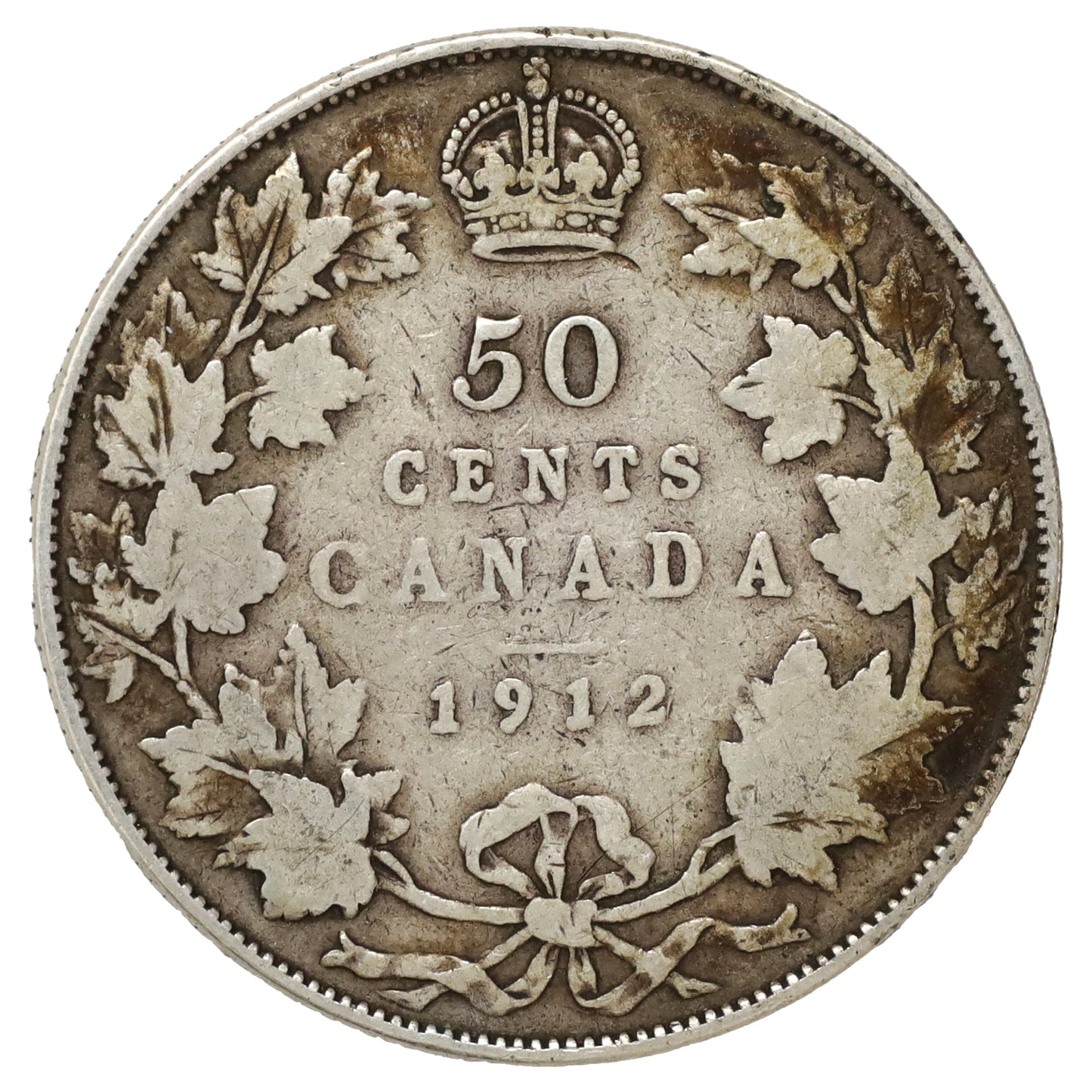 1912 Canada 50-cents Very Good (VG8) Scratched, spots, or impaired