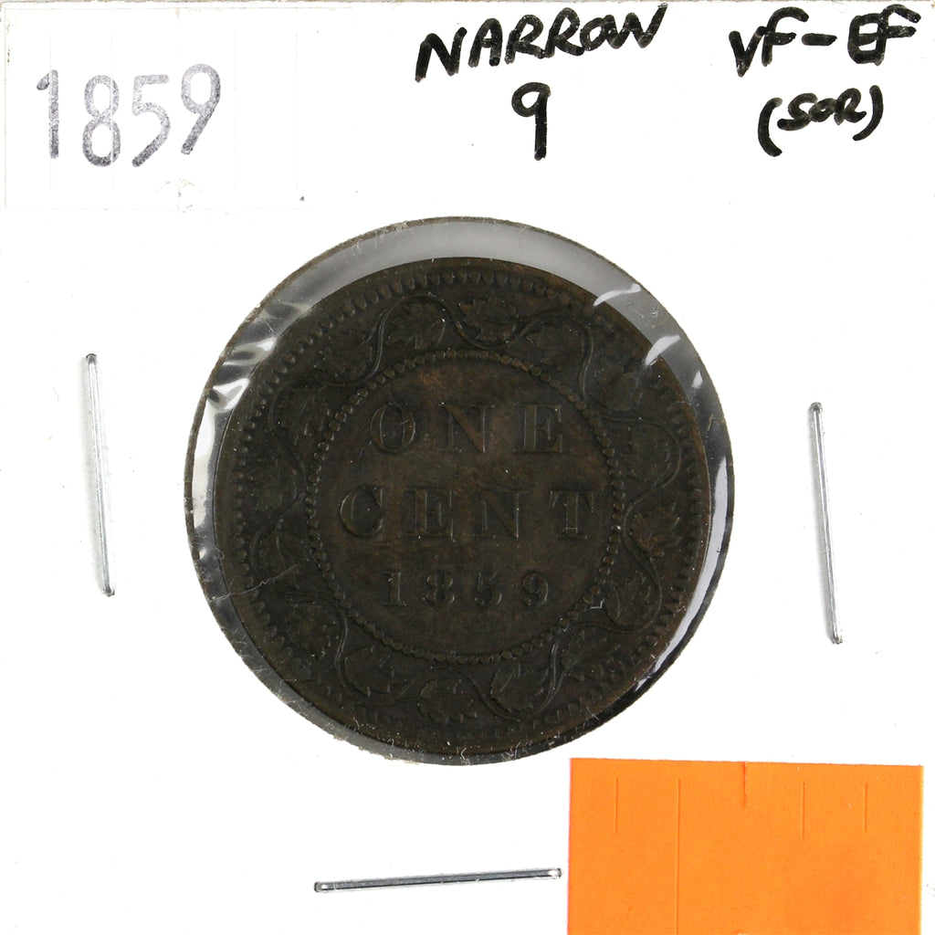 1859 Narrow 9 Canada 1-cent VF-EF (VF30) Corrosion, Cleaned, or Impaired