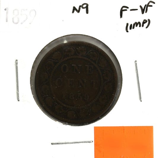 1859 Narrow 9 Canada 1-cent F-VF (F-15) cleaned, scratched or impaired