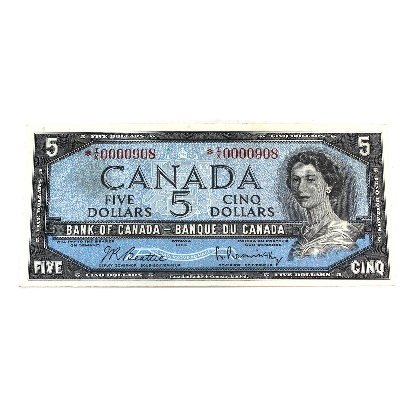 BC-39bA 1954 Canada $5 B-R, Replacement, Low Serial # *IX0000908 Legacy Certified AU55