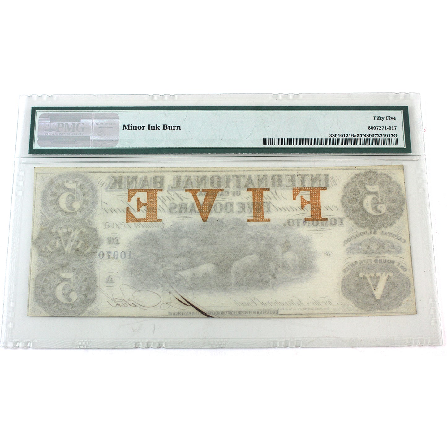 380-10-12-16a 1858 International Bank of Canada $5 Fitch, Small Blue Sig PMG Certified AU-55
