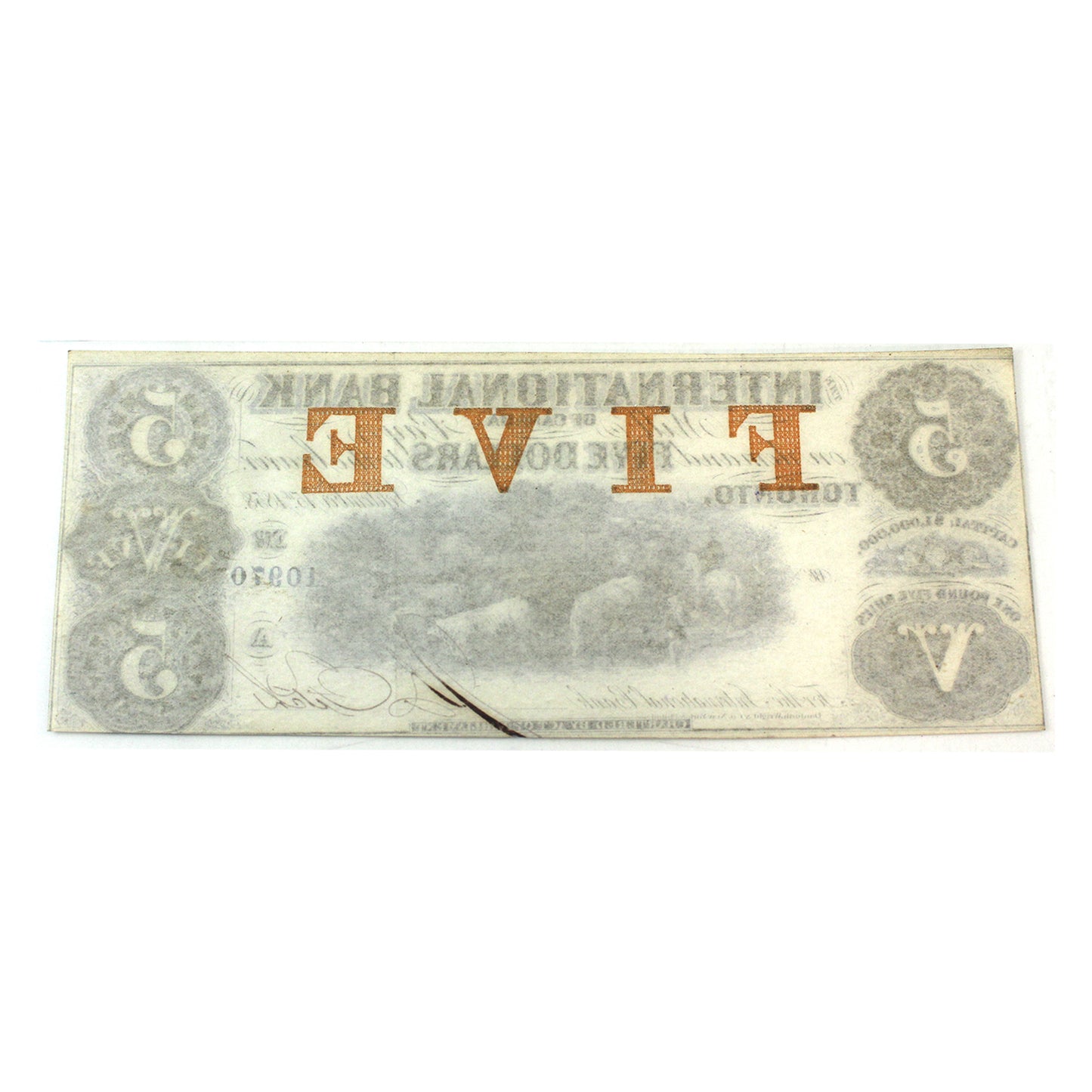 380-10-12-16a 1858 International Bank of Canada $5 Fitch, Small Blue Sig PMG Certified AU-55