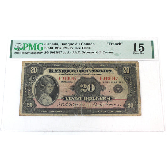 BC-10 1935 Canada $20 Osborne-Towers, French, PMG Certified F-15 (tears)