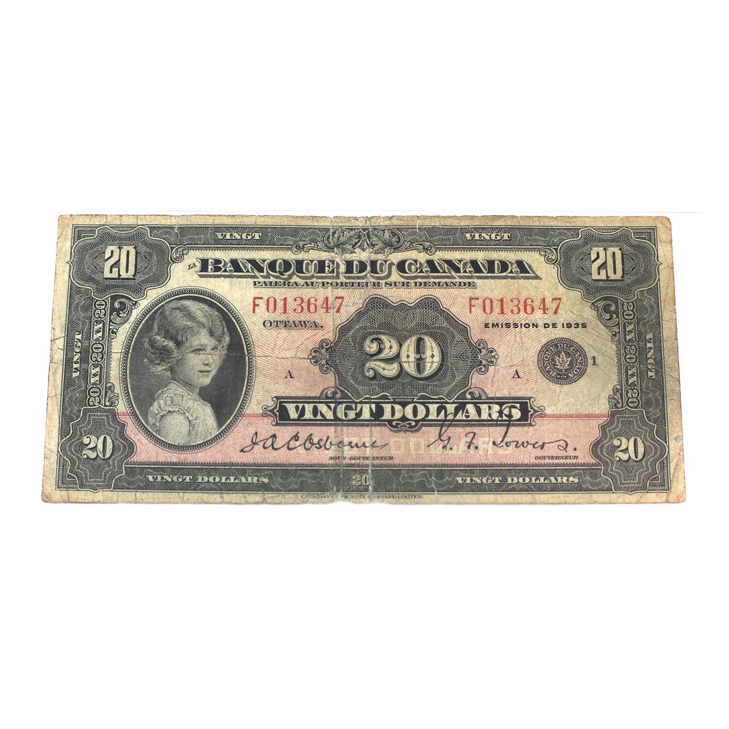 BC-10 1935 Canada $20 Osborne-Towers, French, PMG Certified F-15 (tears)