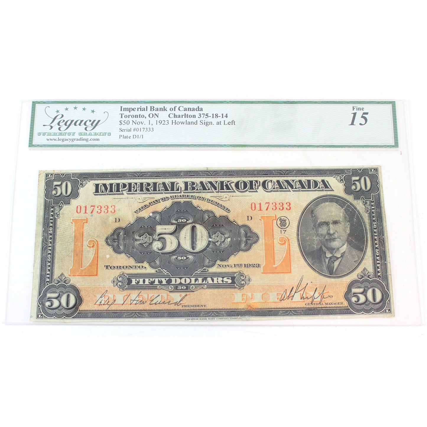 375-18-14 1923 Imperial Bank $50 Howland-Phipps, Legacy Certified F-15 (repairs/trims)