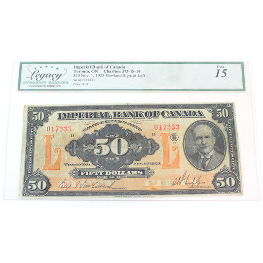 375-18-14 1923 Imperial Bank $50 Howland-Phipps, Legacy Certified F-15 (repairs/trims)