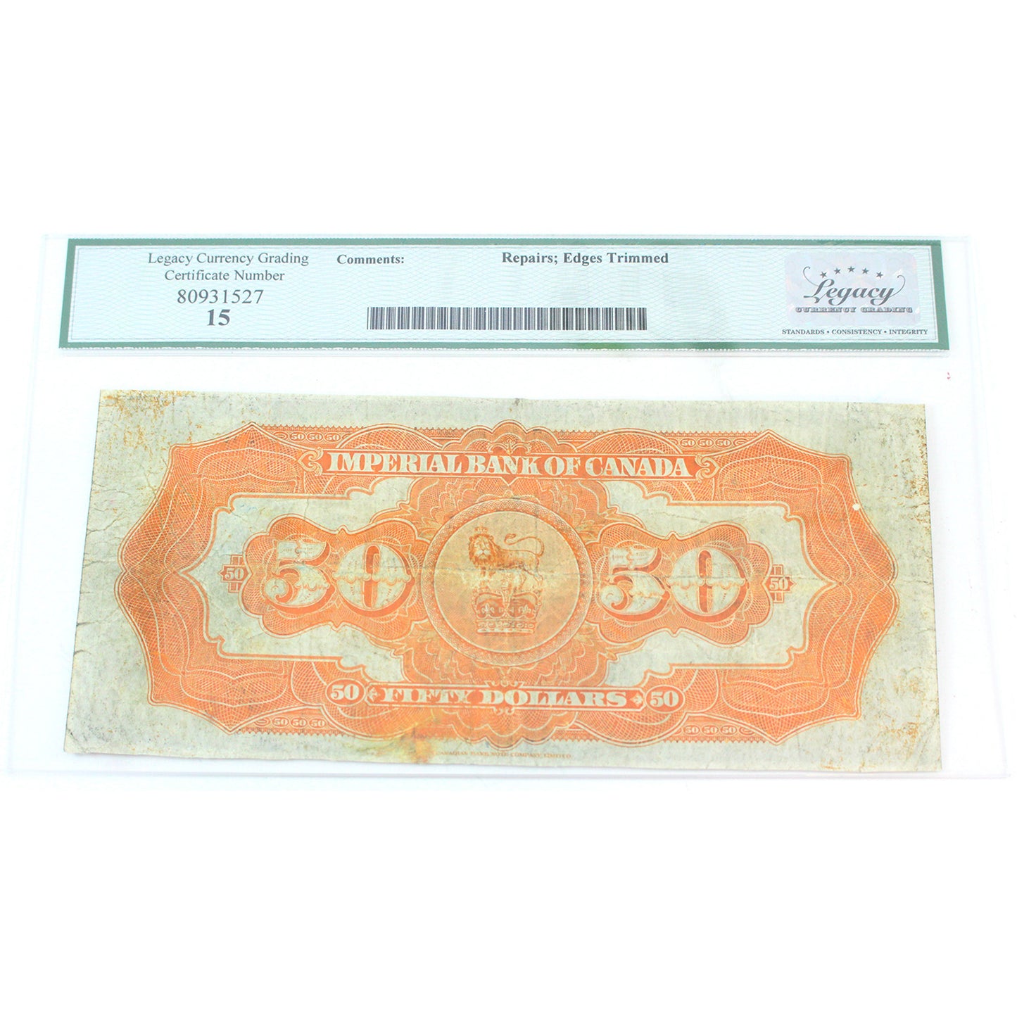 375-18-14 1923 Imperial Bank $50 Howland-Phipps, Legacy Certified F-15 (repairs/trims)