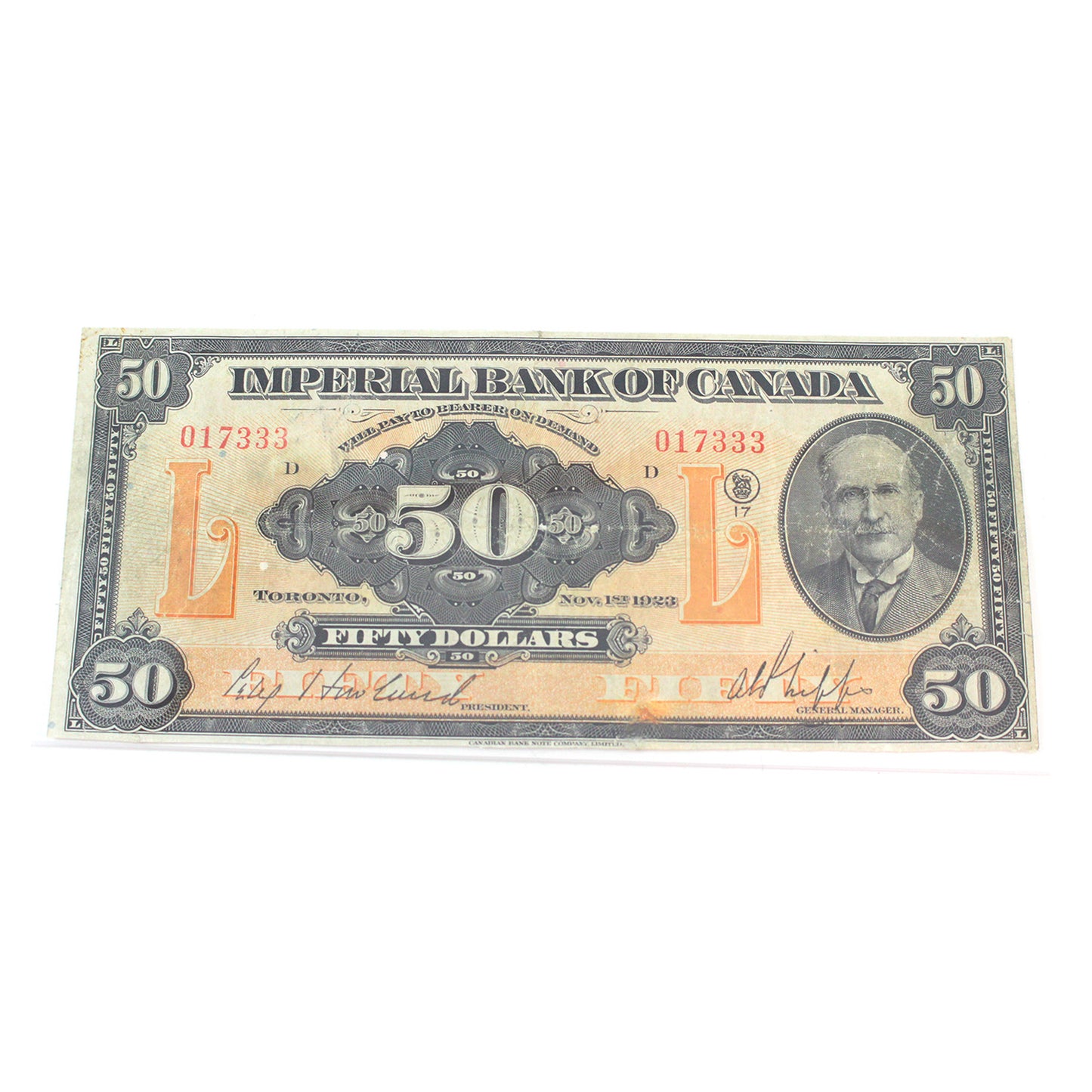 375-18-14 1923 Imperial Bank $50 Howland-Phipps, Legacy Certified F-15 (repairs/trims)