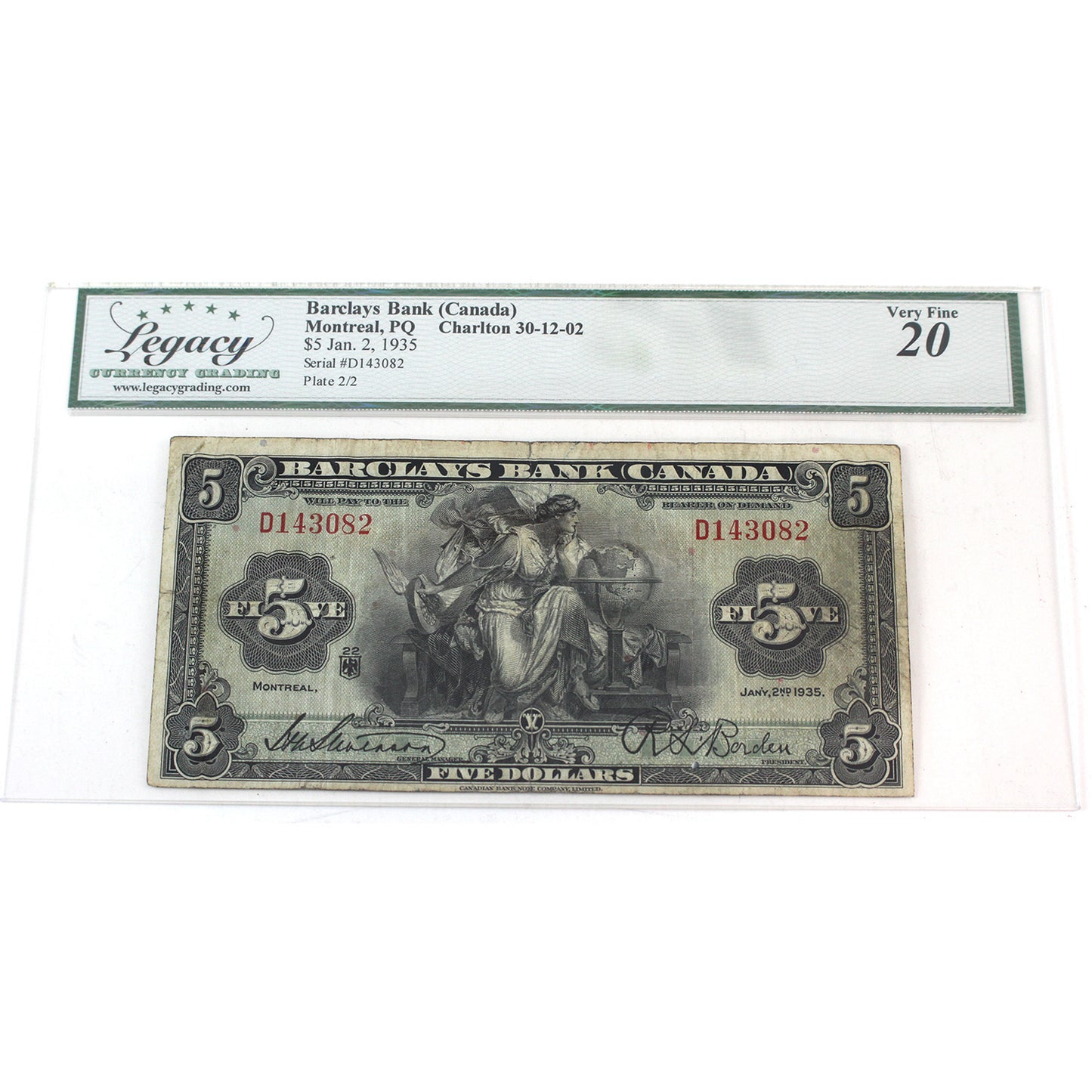 30-12-02 1935 Barclays Bank Canada $5 Stevenson-Bordon, Montreal Legacy Certified VF-20 (damage)