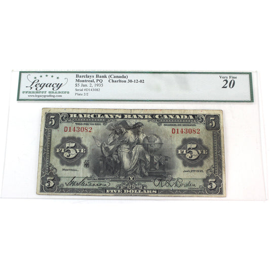 30-12-02 1935 Barclays Bank Canada $5 Stevenson-Bordon, Montreal Legacy Certified VF-20 (damage)