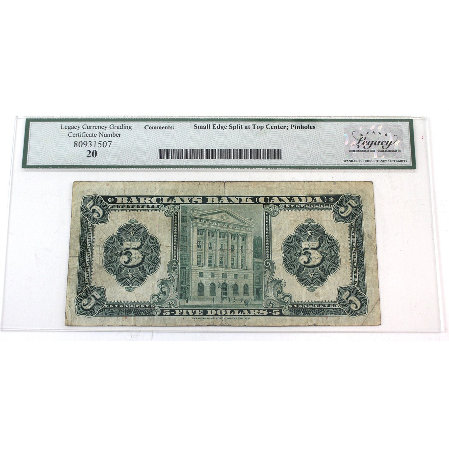 30-12-02 1935 Barclays Bank Canada $5 Stevenson-Bordon, Montreal Legacy Certified VF-20 (damage)
