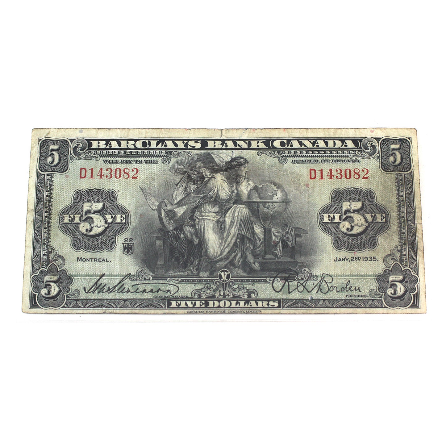 30-12-02 1935 Barclays Bank Canada $5 Stevenson-Bordon, Montreal Legacy Certified VF-20 (damage)