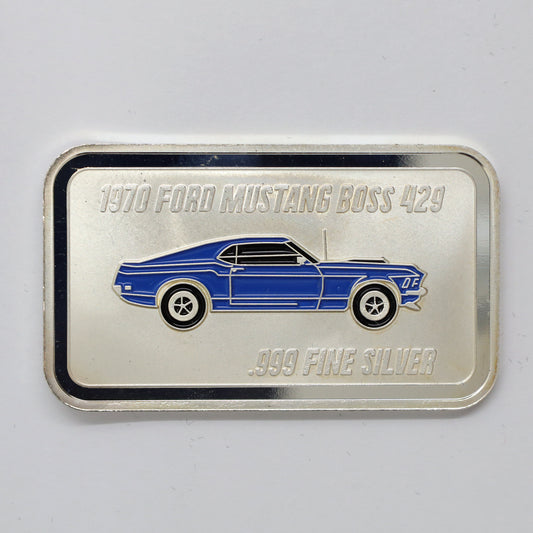 1970 Blue Ford Mustang Boss 429 1oz .999 Silver Art Bar (No Tax) Light Toning