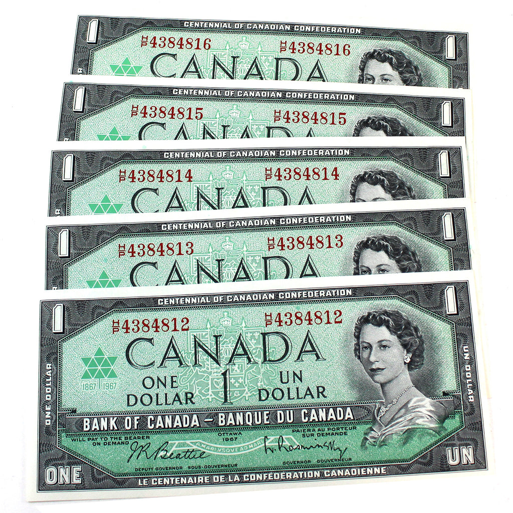 5x Sequential 1967 Canada $1 Notes, B-R, H/P, 5Pcs.