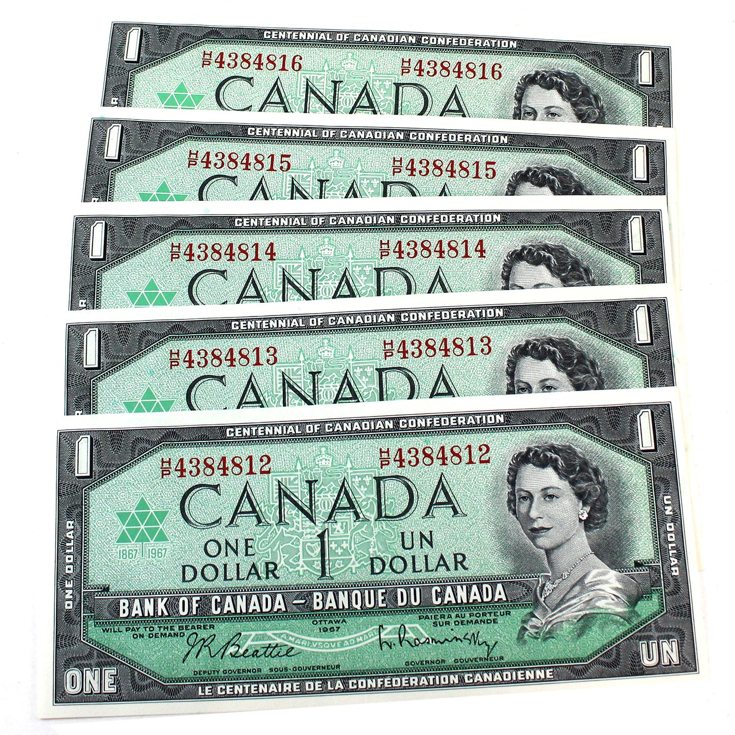 5x Sequential 1967 Canada $1 Notes, B-R, H/P, 5Pcs.