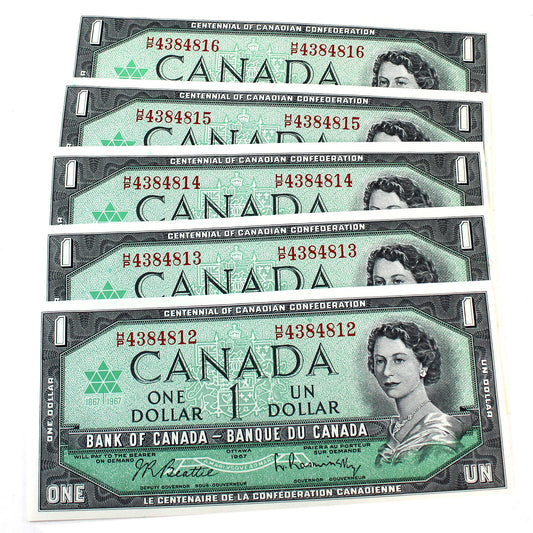 5x Sequential 1967 Canada $1 Notes, B-R, H/P, 5Pcs.