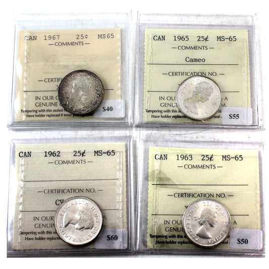 Lot of 4x 1962-1967 Canada 25-Cents ICCS Certified All MS-65, 4Pcs.