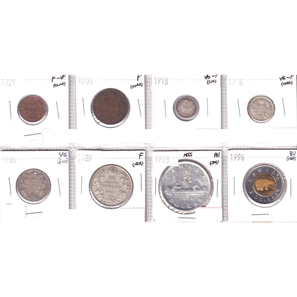 Lot of 8x 1906-1996 Canada Decimal, Fine to Brilliant Uncirculated, 8Pcs.