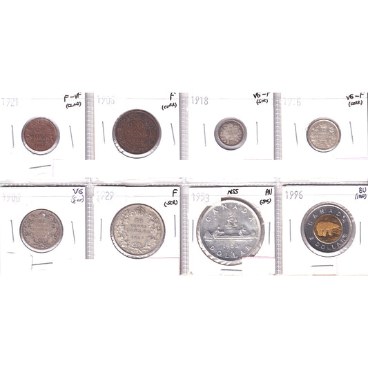 Lot of 8x 1906-1996 Canada Decimal, Fine to Brilliant Uncirculated, 8Pcs.
