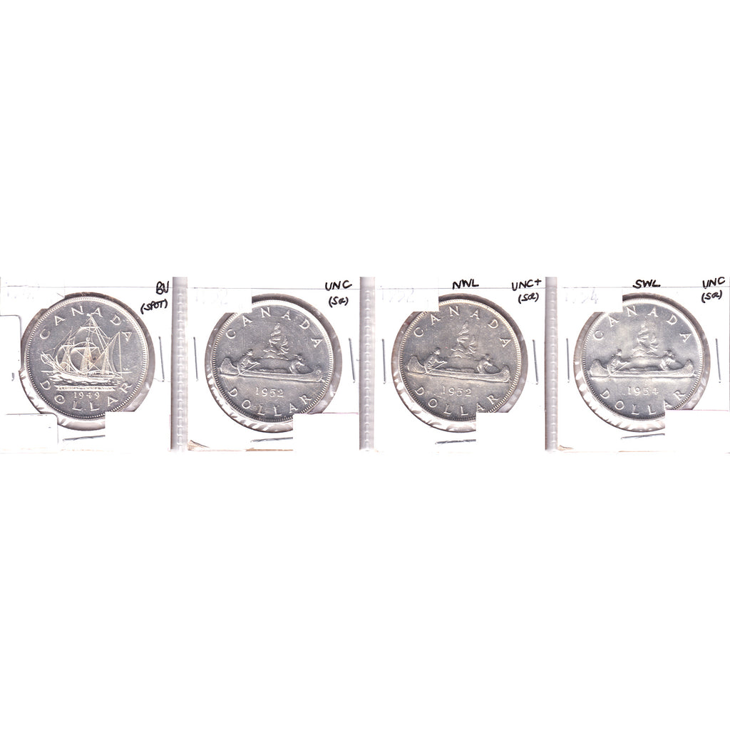 Lot of 4x 1949-1954 Canada Dollar, UNC to BU, 4Pcs. (Impaired)
