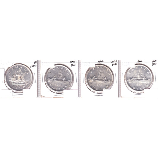 Lot of 4x 1949-1954 Canada Dollar, UNC to BU, 4Pcs. (Impaired)