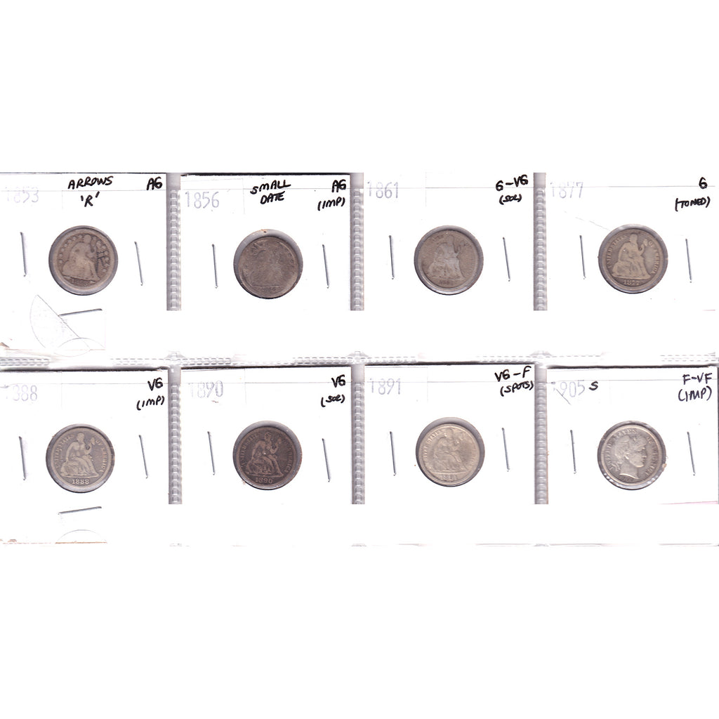 Lot of 8x 1853-1905 USA Dime, About Good to F-VF, 8Pcs. (Impaired)