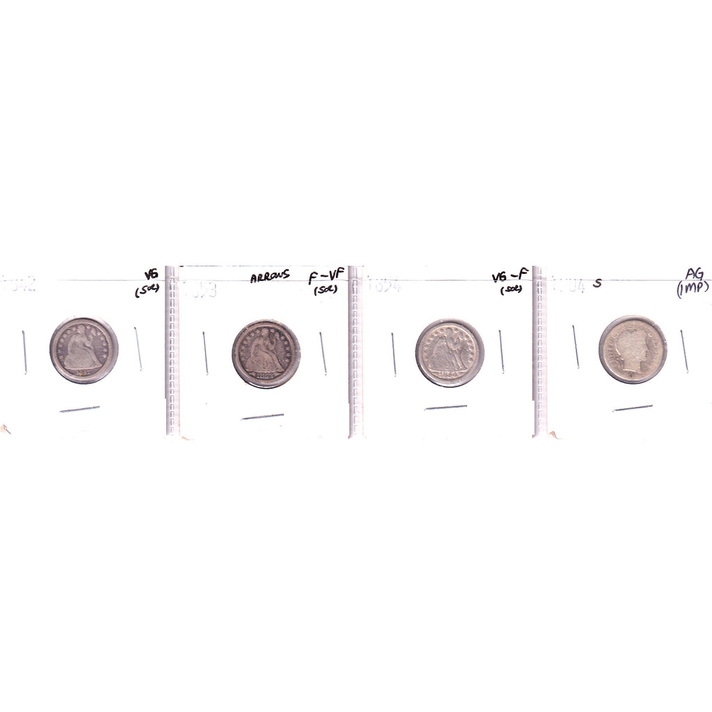 Lot of 4x 1842-1904 USA Dimes, AG to F-VF, 4Pcs.
