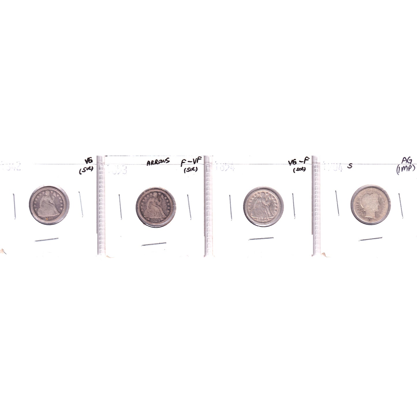 Lot of 4x 1842-1904 USA Dimes, AG to F-VF, 4Pcs.
