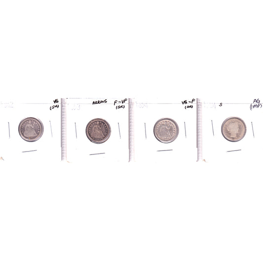 Lot of 4x 1842-1904 USA Dimes, AG to F-VF, 4Pcs.