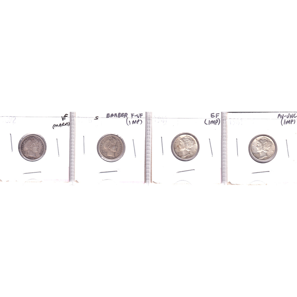 Lot of 4x 1892-1941 USA Dimes, F-VF to AU-UNC (Impaired)