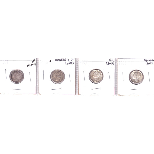 Lot of 4x 1892-1941 USA Dimes, F-VF to AU-UNC (Impaired)