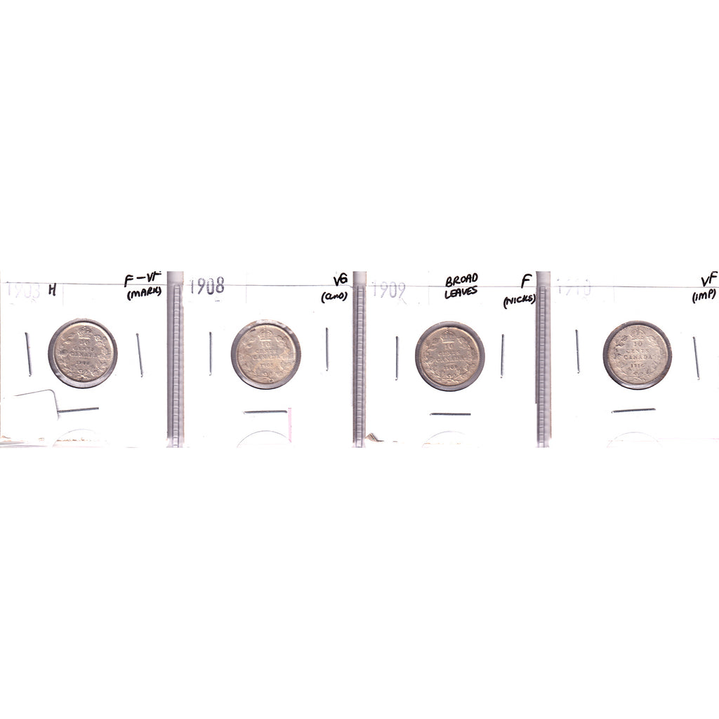 Lot of 4x 1903-1910 Canada 10-Cents, F to VF, 4Pcs. (Impaired)