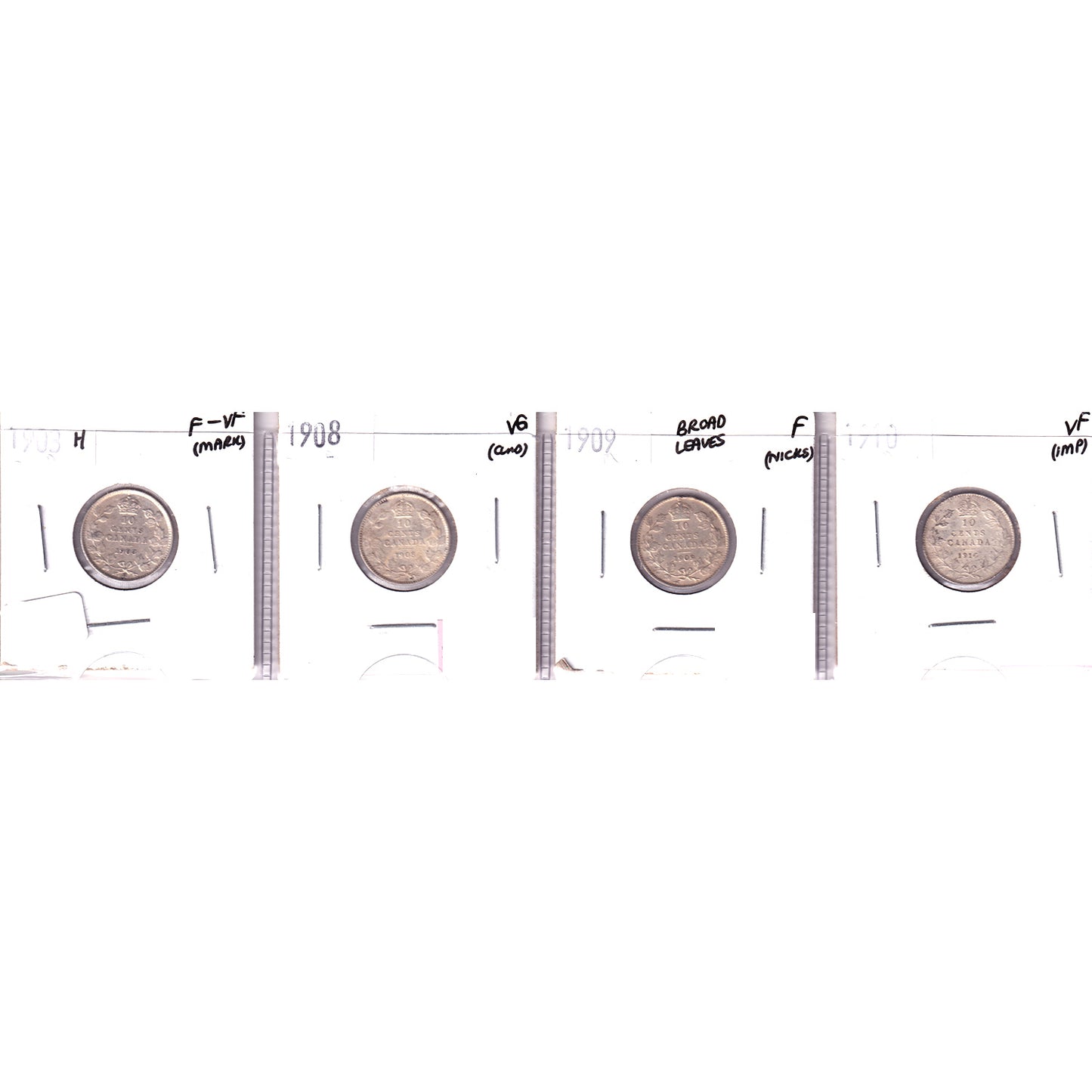 Lot of 4x 1903-1910 Canada 10-Cents, F to VF, 4Pcs. (Impaired)